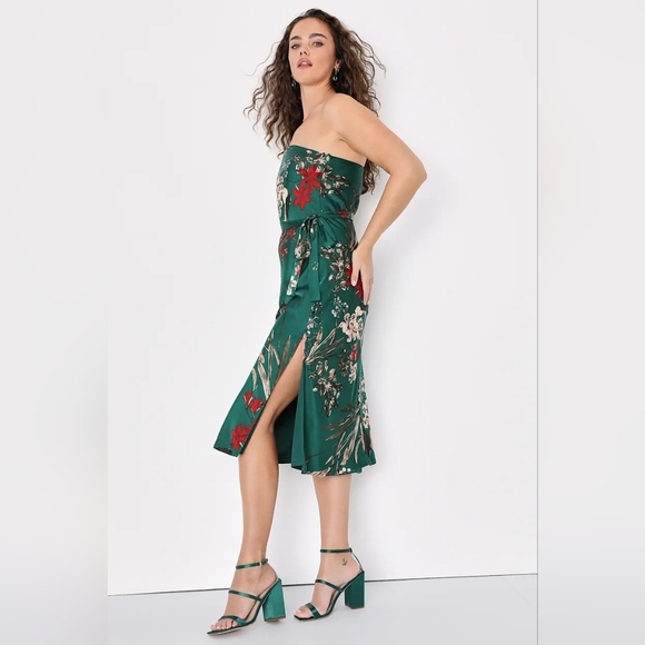 Lulus Seasonal Bliss Emerald Floral Print Satin Strapless Midi Dress S Wedding - Picture 4 of 8